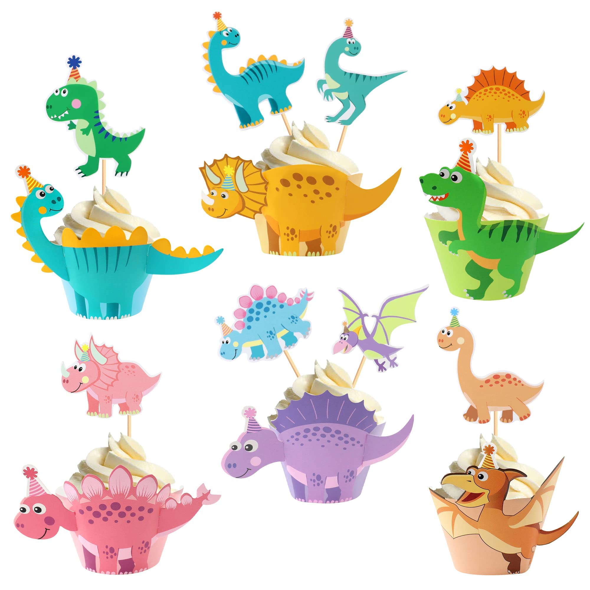 TERRIFI Dinosaur Cupcake Wrappers (48 Pcs, Cupcake Toppers + Wrappers), Multicolored Dinosaur Cake Decorations for Boys Kids Birthday Parties