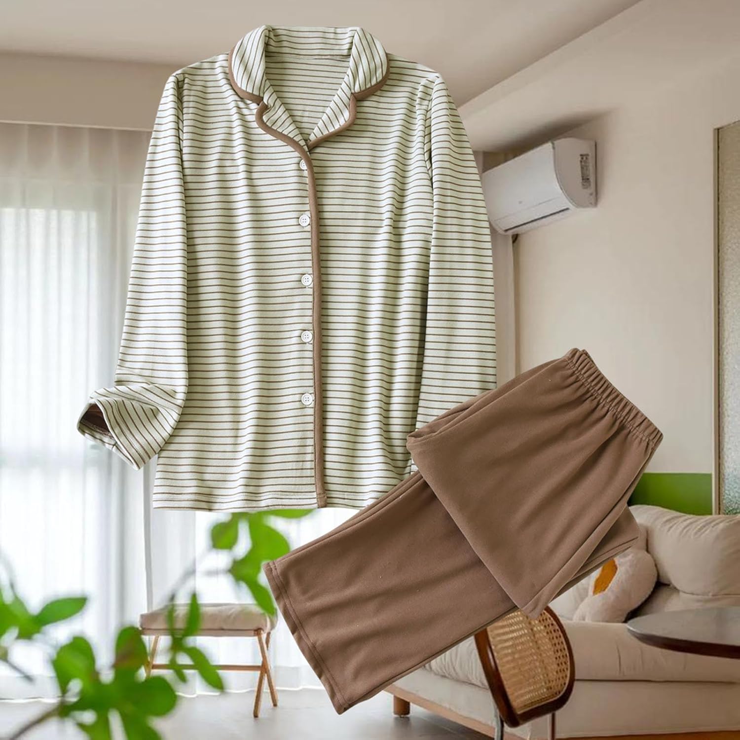 Oplxuo Striped Pajamas Set for Women Lightweight Casual V-Neck Long Sleeve Button Down Sleepwear Fall Outfits