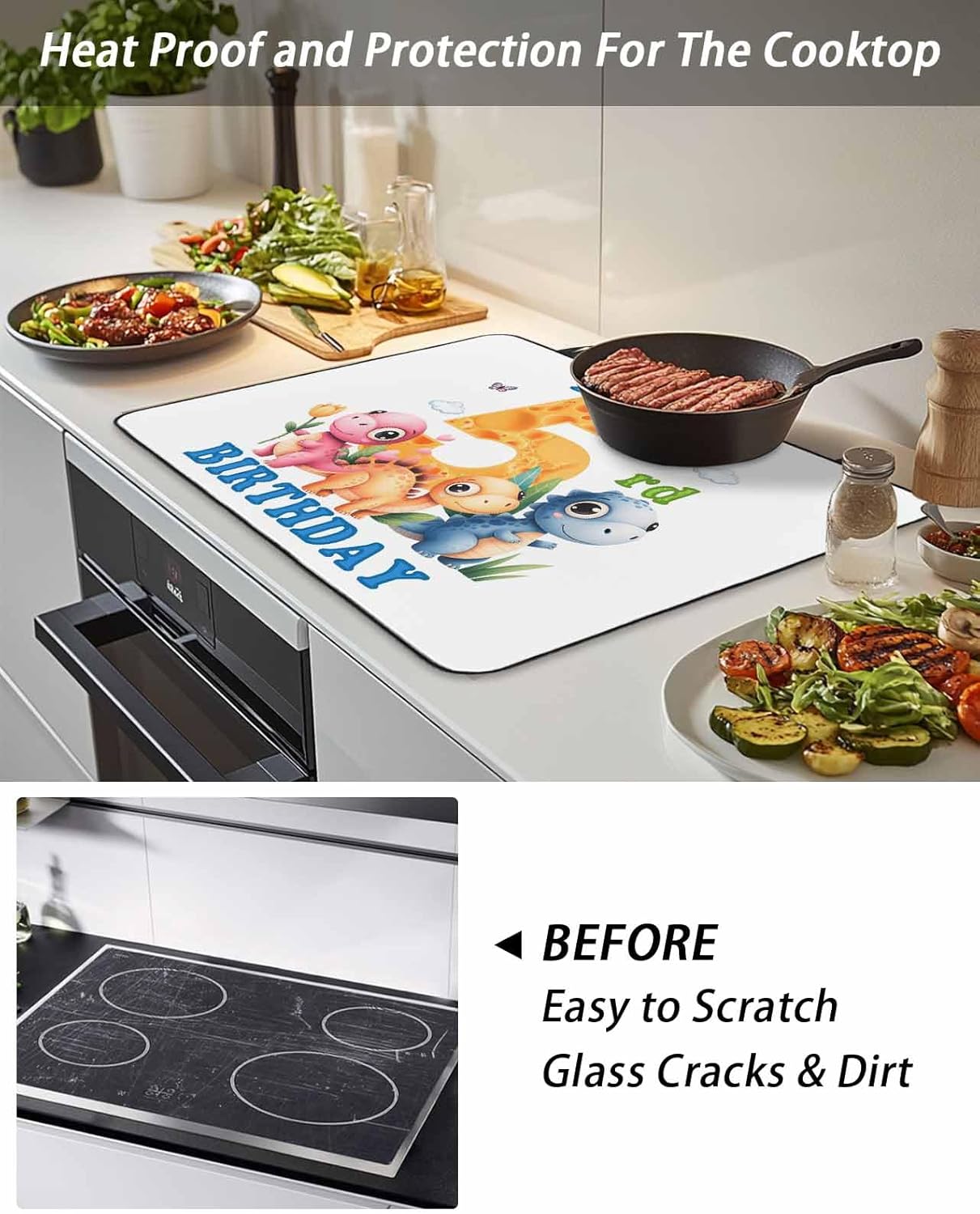 Happy 5rd Birthday Stove Top Cover for Electric Stove,Cartoon Cute Pink Yellow Blue Dinosaurs Floral Heat-proof & Non Slip Glass Top Stove Protector Kitchen Flat Cooktop Rubber Mat 28.5x20.5 Inches