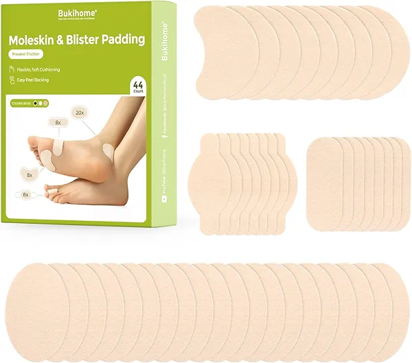 Bukihome Moleskin Adhesive Pads for Feet - Blister Prevention Tape - Moleskin Padding for Blisters, Shoes, Toes, Heel, Reduce Friction Pain - 22 Sheets of 4 Shapes (44 Pieces Total, Beige)