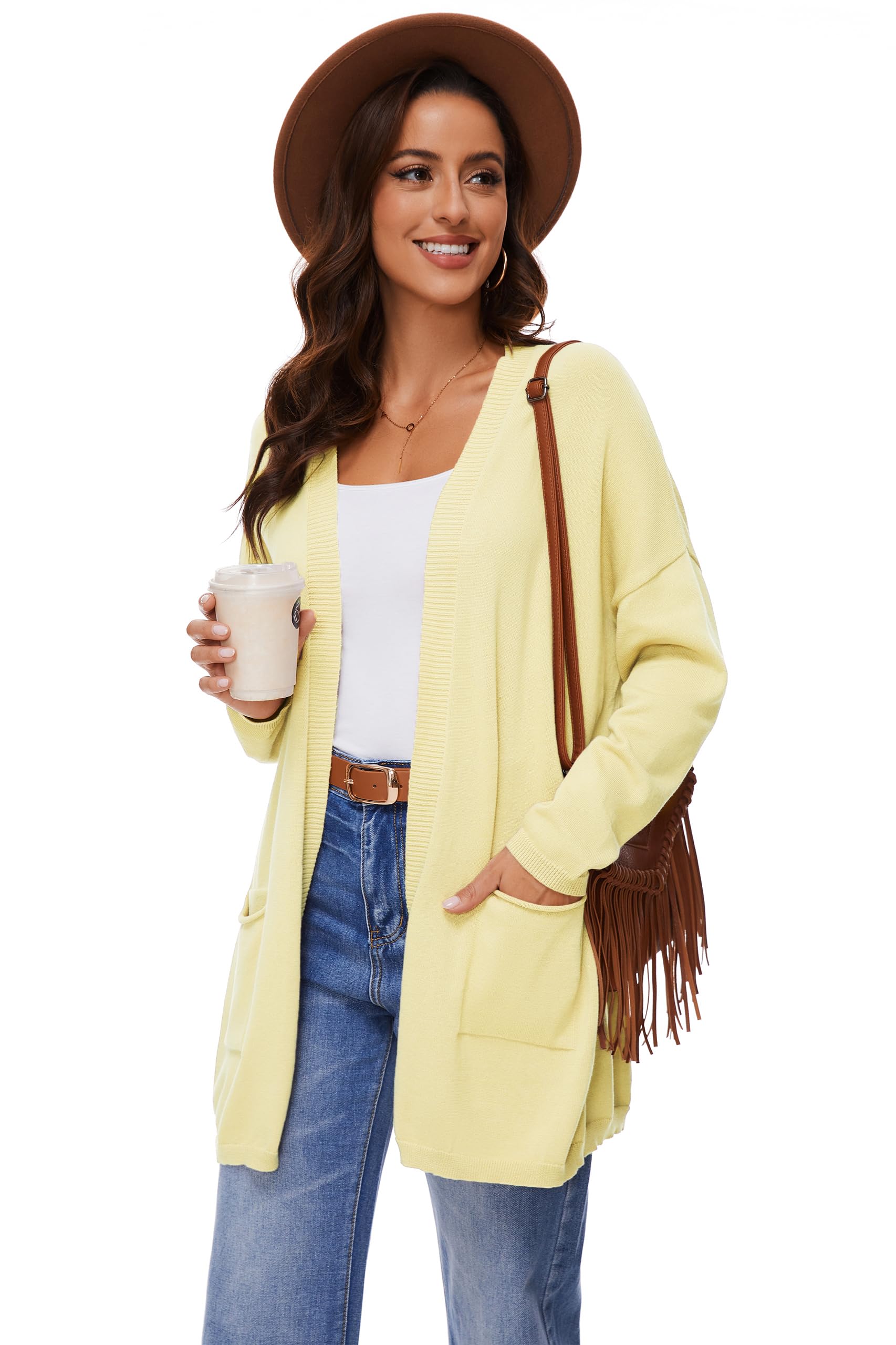 Cárdigan Abierto De Manga Larga 100% Algodón para Mujer con Bolsillos, Suéter Casual Suelto Y Ligero, Amarillo Claro, XXL