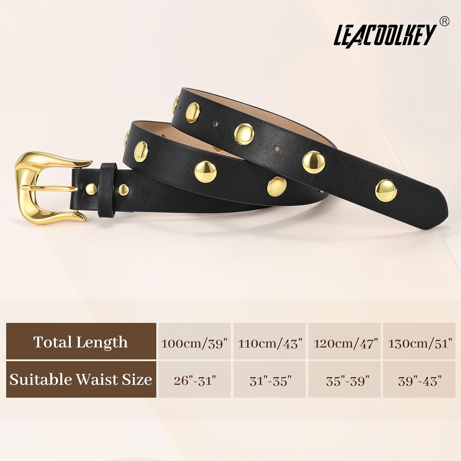 LEACOOLKEY Women Leather Belts for Jeans Dress Fashion Gold Black Leather Belt Women Studded Belt Punk Leather Belt - Image 5
