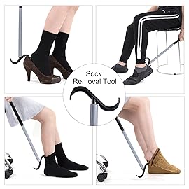 35 Long Dressing Stick with Shoe Horn with Sock Removal Tool, Adjustable Extended Dressing Aids for Shoes, Socks, Shirts and Pants Grey and Black