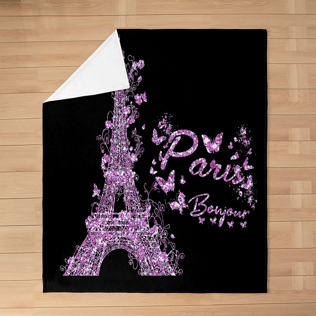 Feelyou Eiffel Tower Flannel Fleece Throw Blanket,All Season Paris Butterfly Bed Blanket Paris Decor Purple Black Fuzzy Blanket for Bed Sofa Couch,Bedroom Decor Valentines Plush Blanket Twin 60"x80"