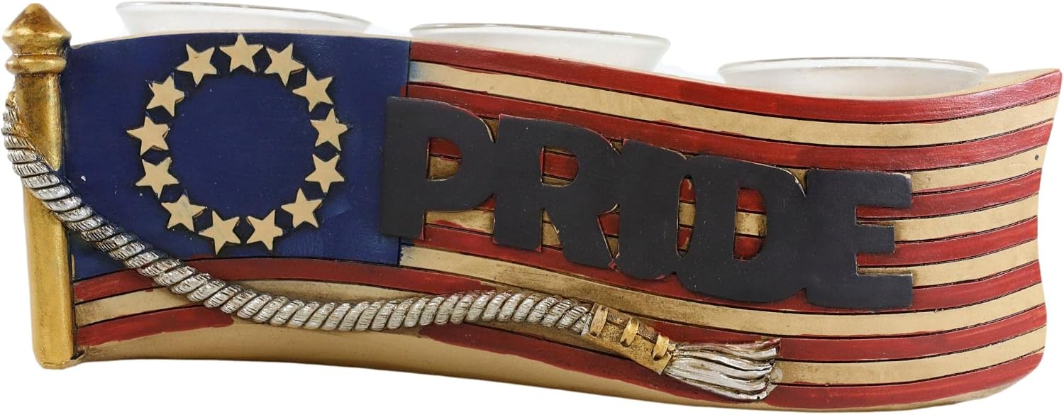 Ebros Rustic Western Patriotic Union Stars American Pride Flag Banner Decorative 3 Tea Light Votives Candle Holder Figurine 8.5" Long US Historical Educational Themed Candleholder Sculpture