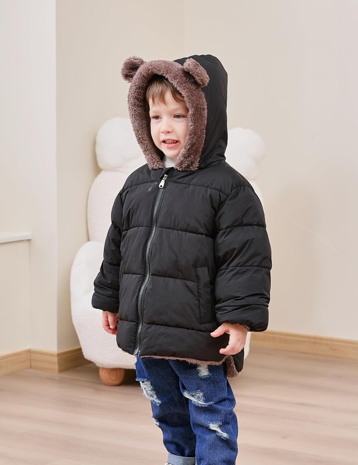 Enlifety 6M-5T Baby Toddler Winter Fleece Coat Boys Girls Cute Bear Ear Hooded Jackets with Pockets - Image 2