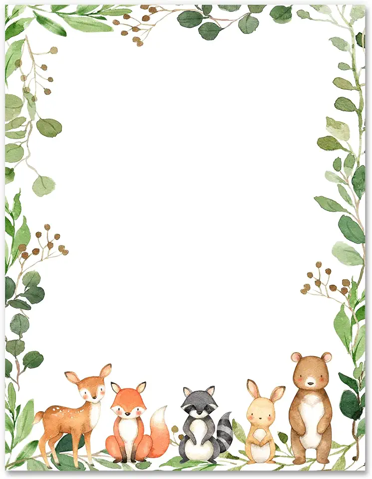 AnyDesign 60 Sheets Baby Shower Stationery Letterhead Paper Woodland Forest Animal Letter Paper Writing Paper Notes for Birthday Invitation Printing, 8.5 x 11 Inch, Single-Sided
