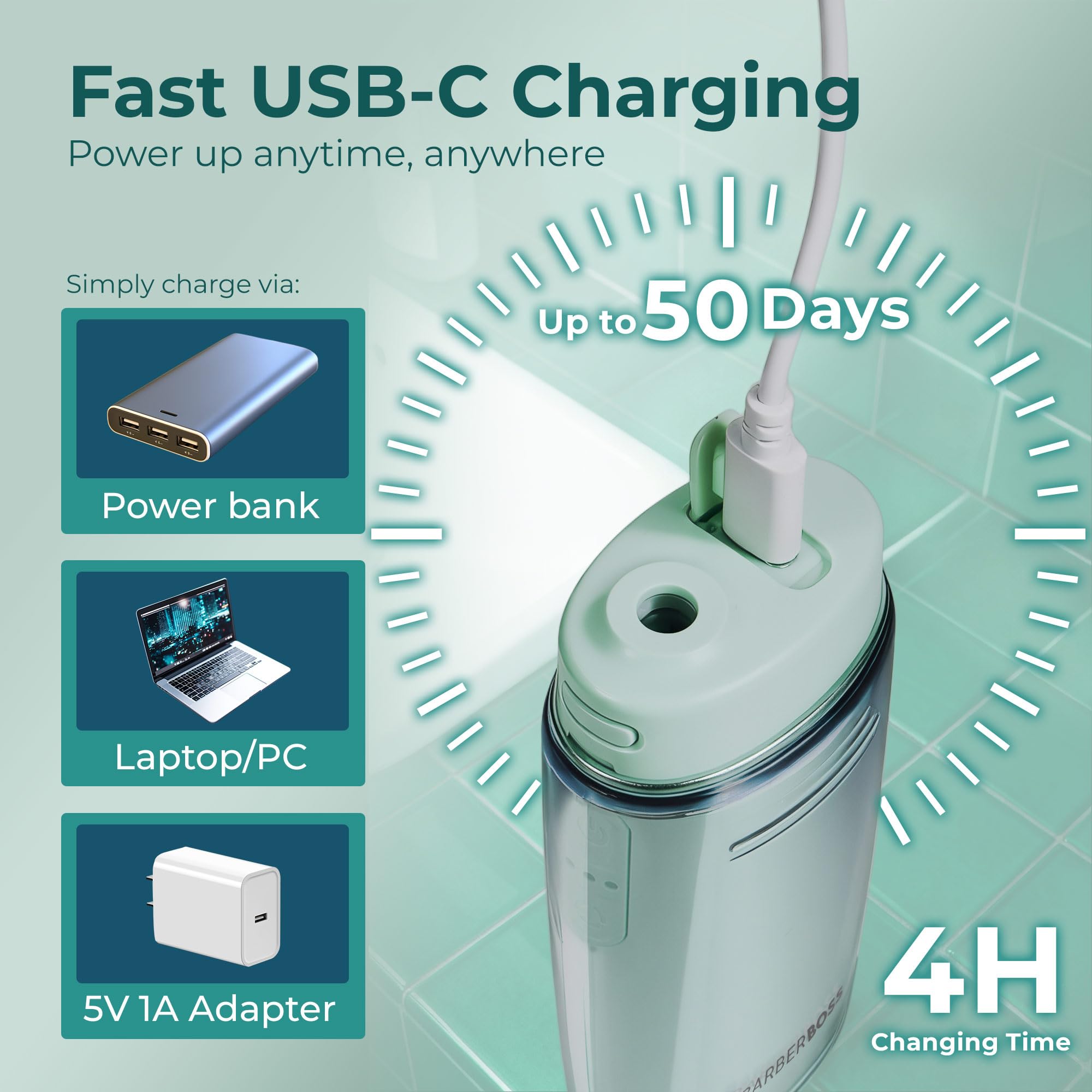 BarberBoss Hydropulseur voyage, hydropulseur poche avec 3 réglages de pression, 6 embouts (3 standard, orthodontique, parodontal, nettoyeur langue), irrigateur buccal portable sans fil, QR-7115 (vert)
