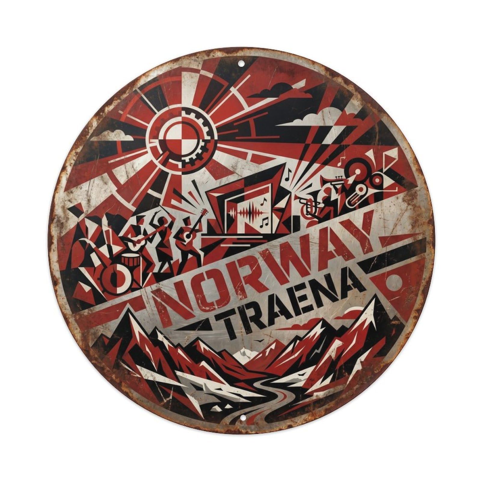 Traena Midnight Norwegian Constructivist Europe Travel Metal Tin Sign Plaque Wall Decor for Cafe, Man Cave, Club Bar, Office, Home Garden Round Metal Poster 8x8Inch