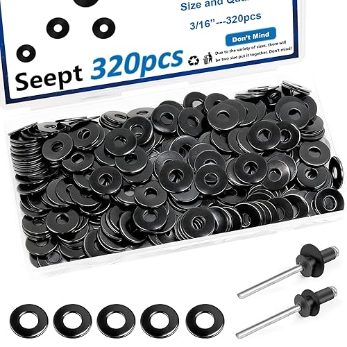 Miniatura 13 de Juego surtido de 375 arandelas de remaches negros para remaches negros de diámetro 3/32 pulgadas, 1/8 pulgadas, 5/32 pulgadas, 3/16 pulgadas, 1/4