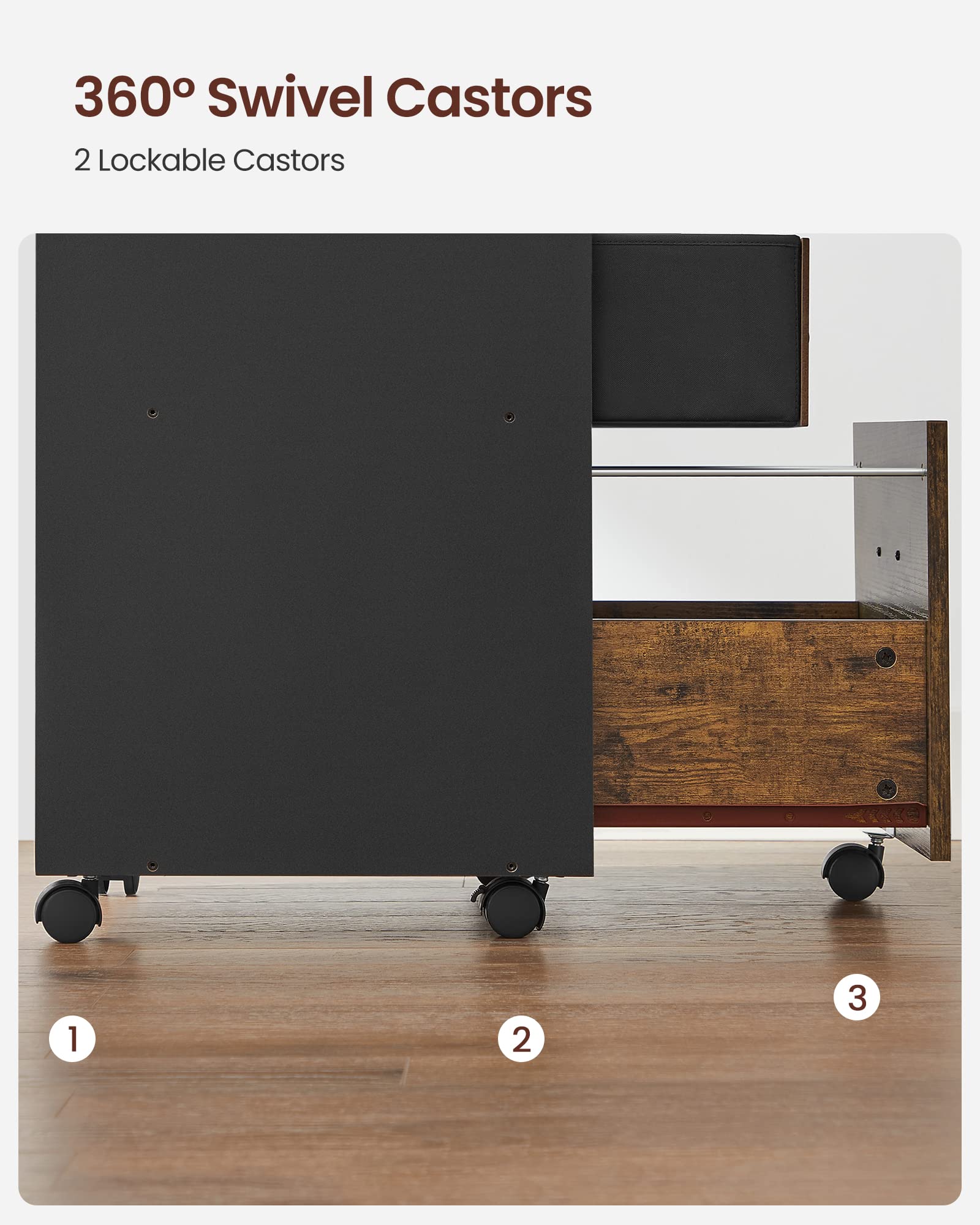 VASAGLE Custos Collection - Caisson Bureau 3 Tiroirs, Table de Chevet, Petit Meuble de Rangement avec roulettes, pour Bureau, Chambre, Salon, Marron Rustique et Noir OFC046KD01