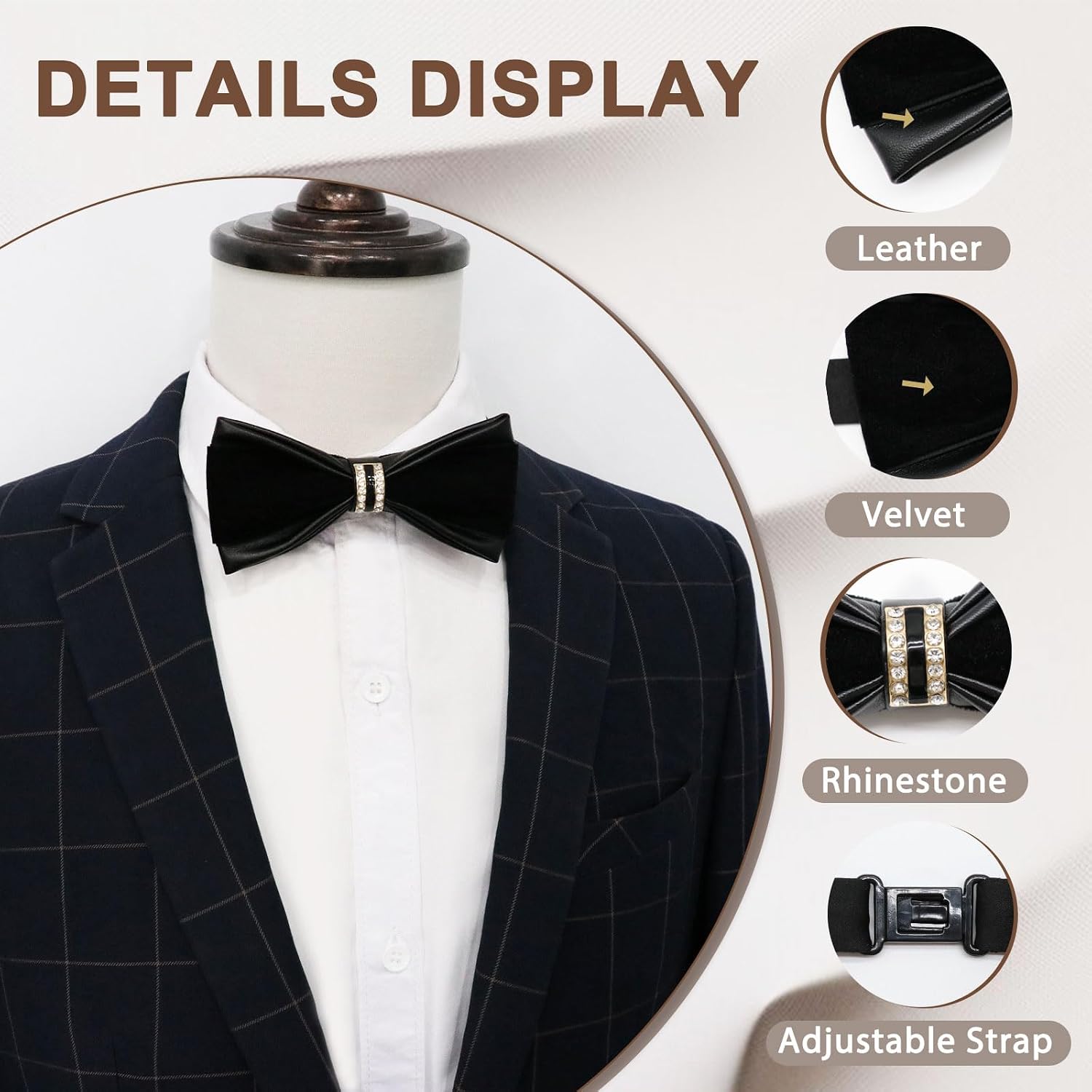 PU Leather Bowtie Rhinestone Velvet Bow Ties for Men, Pre-tied Adjustable Mens Bow Tie for Tuxedo Wedding Party Prom