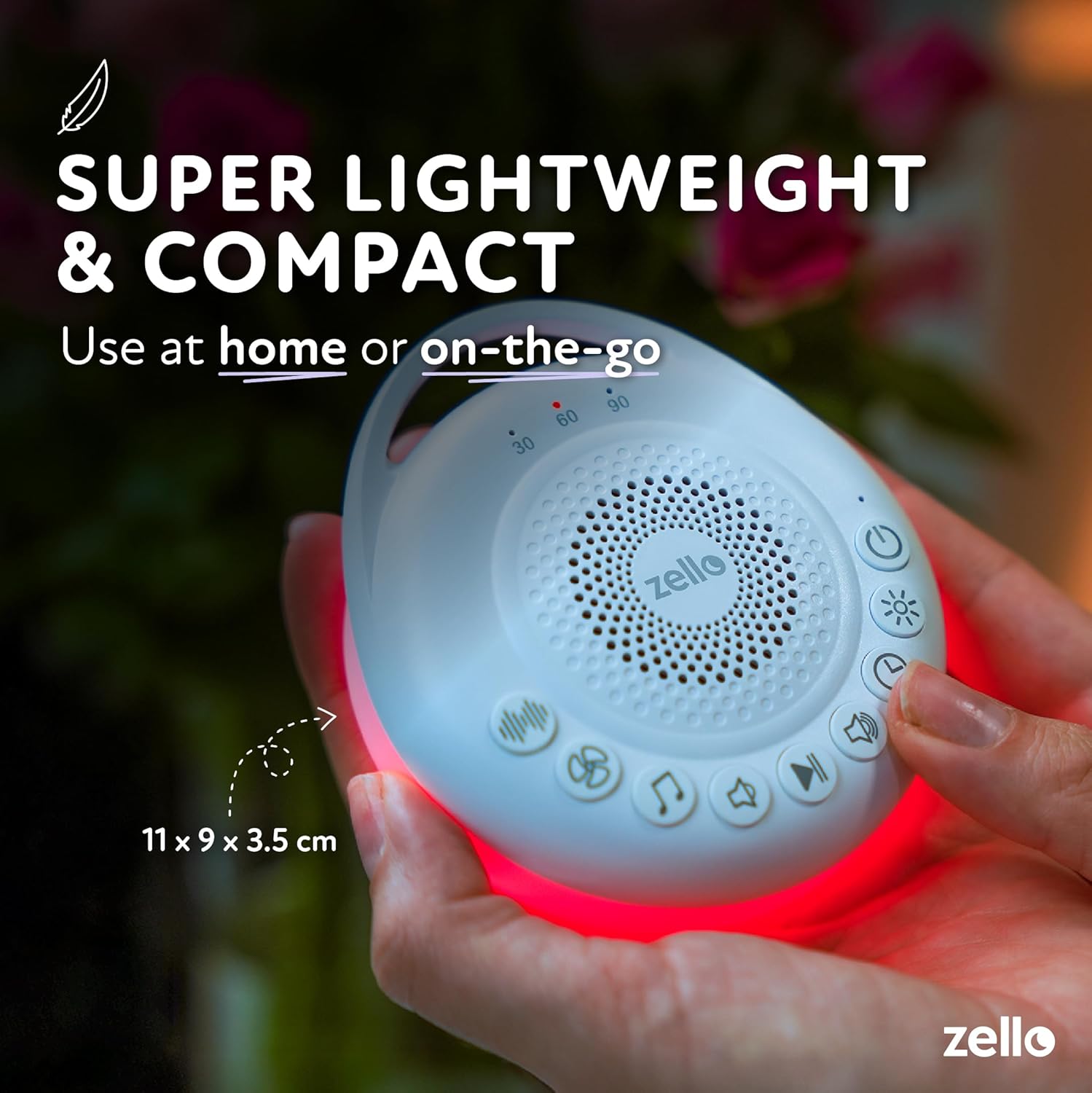 LUMI Zello Portable Pro White Noise Machine with baby, showing timer and memory function