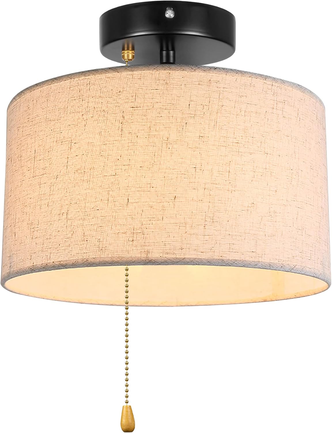 12V RV Drum Interior Lighting with Zipper Switch Natural Linen Boho Beige Fabric Dome Shade, Replaceable 2700K Bulb Included Semi Flush Mount Decorative for Trailer Camper's Decor
