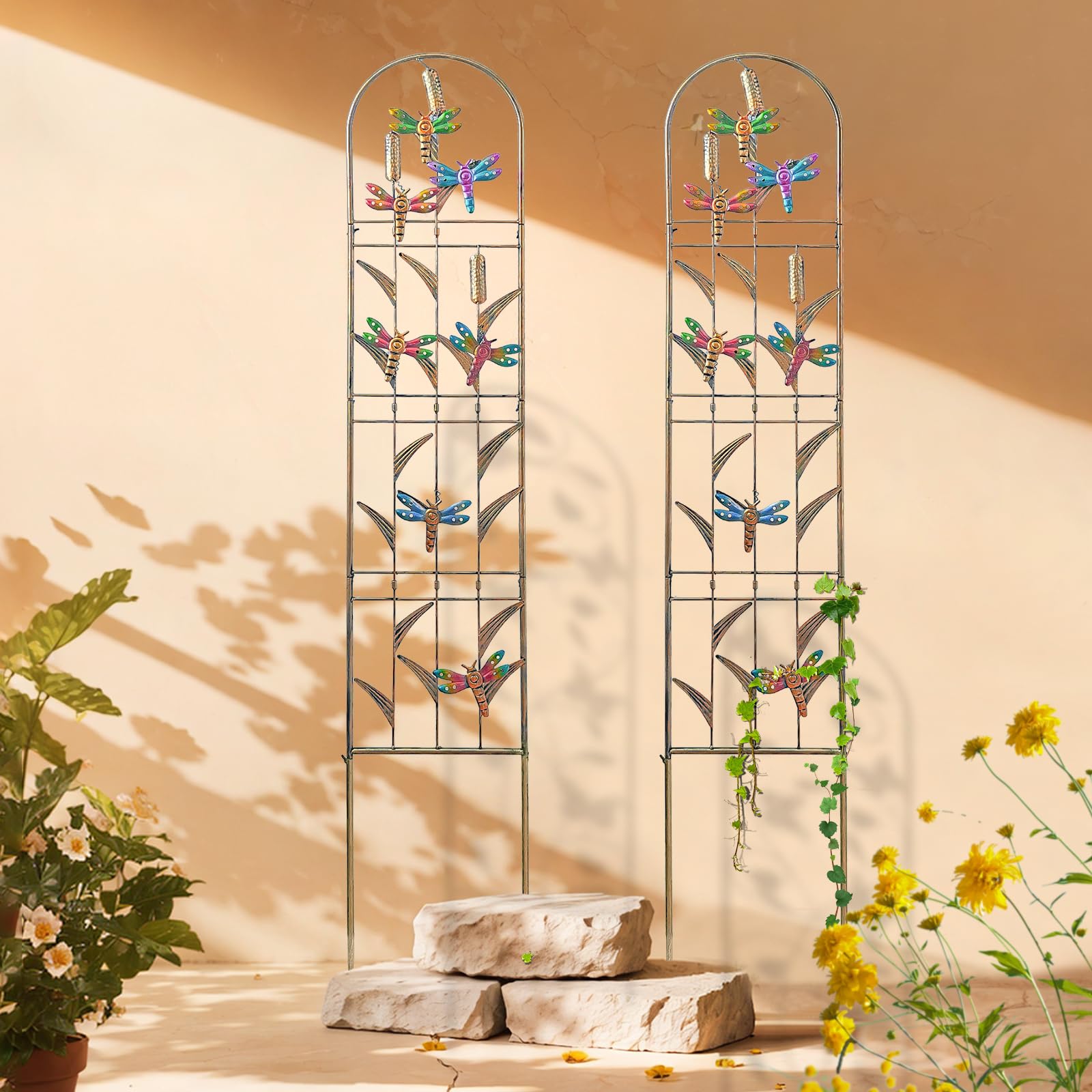 aboxoo Set di 2 graticci da giardino in metallo a forma di libellula per piante rampicanti, fiori decorativi per esterni, per patio, giardino, prato, cortile, cortile, staffe da parete, 152 cm di