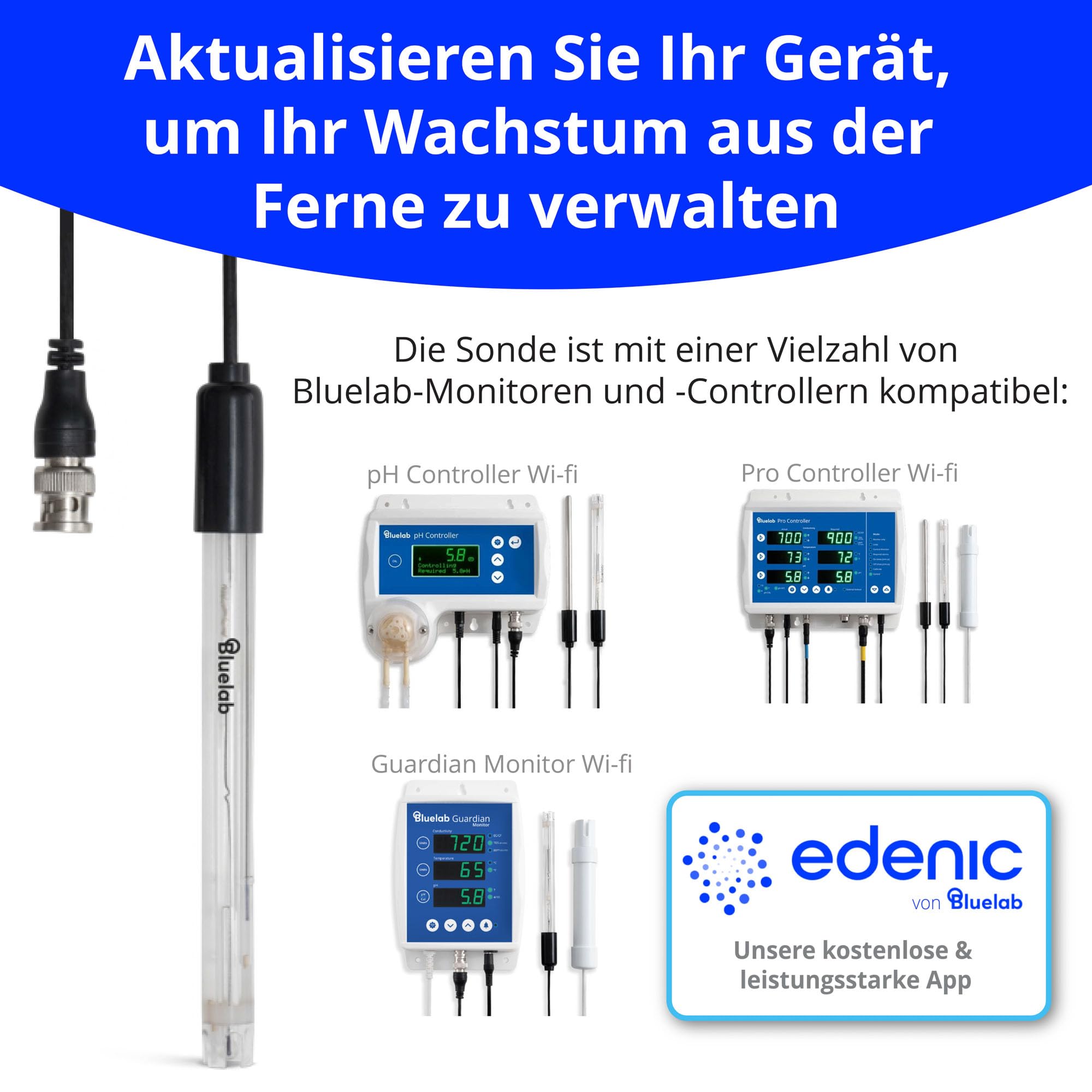Bluelab PROBPH pH-Sonde für Wasser, Ersatz-Elektrode für Messgerät, Monitor und Controller mit einfacher Kalibrierung, Werkzeug für Hydroponik-System und Indoor-Pflanzen