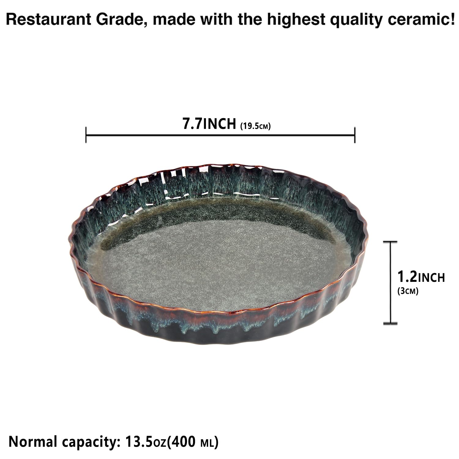 LIUYWYHCF Ceramic Pie Pan Quiche Dish 13.5 Ounces Baking Pan, Set of 2 Au Gratin Baking Dishes, Non-Stick Tart Pan, Pie Plate for Apple, Oven Safe, Round Ruffled Edge 7.7 Inch