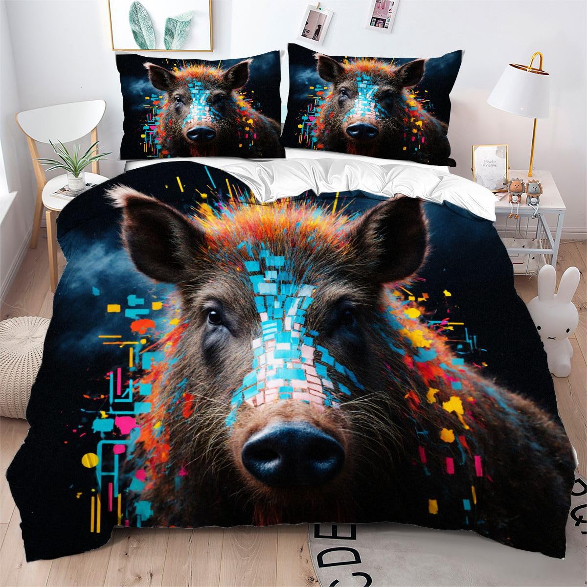 Parure Housse de Couette 200x200 Motif Animal 3D Porc-Épic Microfiche Linge de Lit 2 Personnes
