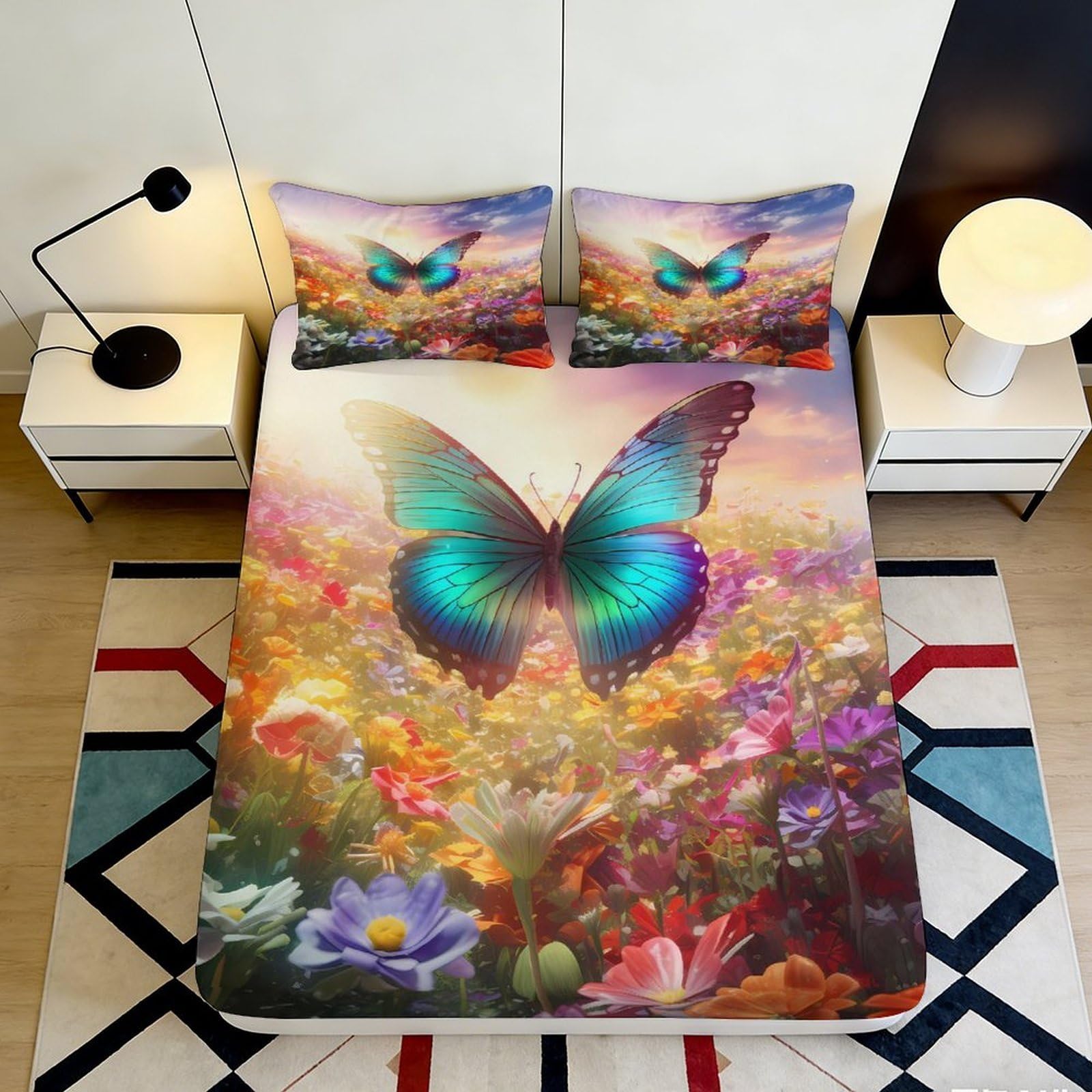 3D Printed Butterfly Garden Fitted Sheet Microfiber Soft Breathable Fantasy Meadow Bed Cover for Bedroom Dorm Decor 90x200x25cm