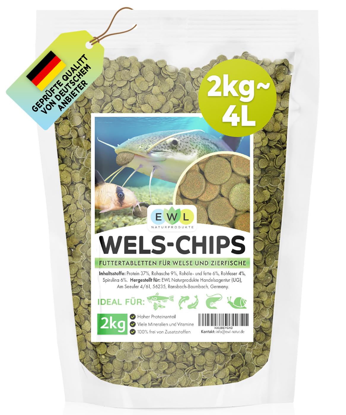 EWL Naturprodukte Wels Futtertabletten 2 kg (ca. 4 L), XXL Pack, Welsfutter, Wels Chips mit Spirulina, Fischfutter Aquarium, Welstabletten, geprüfte Qualität von deutschem Anbieter