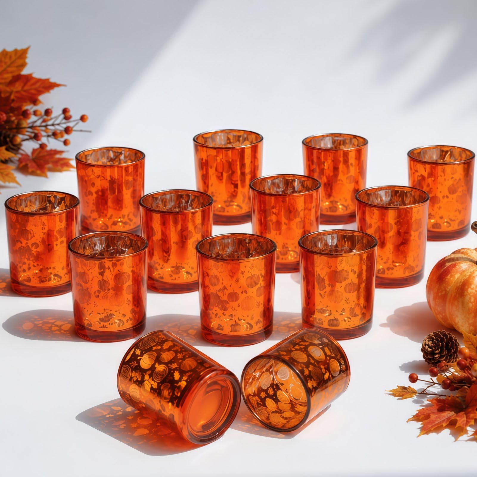 Amber Tealight Holders Set of 12,Tea Light Holders Glass for Autumn Decor
