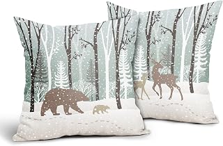 Winter Wildlife Pillow Covers Set of 2 Forest Bear Deer Christmas Pine Trees Snow Decorative Cuchion Cover 16x16 Inches Cotton Linen Throw Pillow Case Double Sided for Sofa Couch Bedding