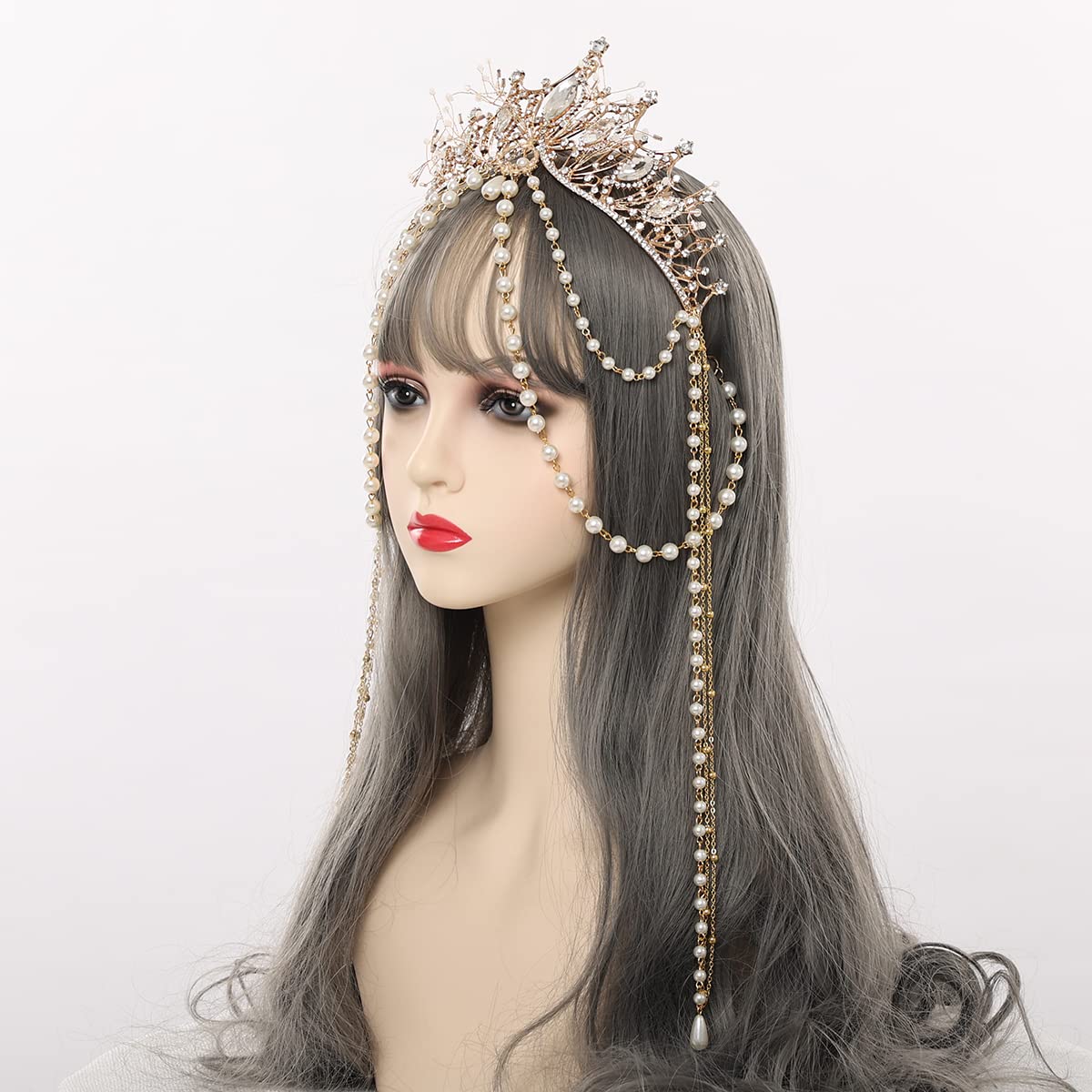 Crystal Crown for Women Vintage Queen Princess Tiara Bridal Rhinestone Crown Dress-up Wedding Prom Pageant Pearl Crown Hair Accessories (Type B)