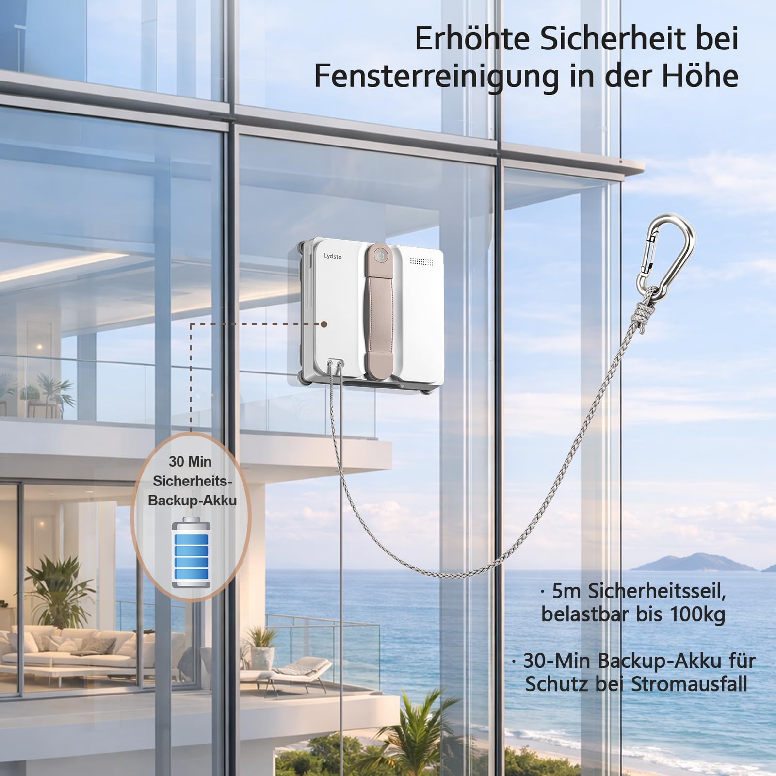 Lydsto WL07 Max Fensterputzroboter mit Sprühfunktion kompakt, Vier Ultraschall Wasserdüsen, Eckenreinigung, 8000Pa Elektrischer Fensterputzer 110ML Tank, 4 Reinigungsmodi (Weiß)
