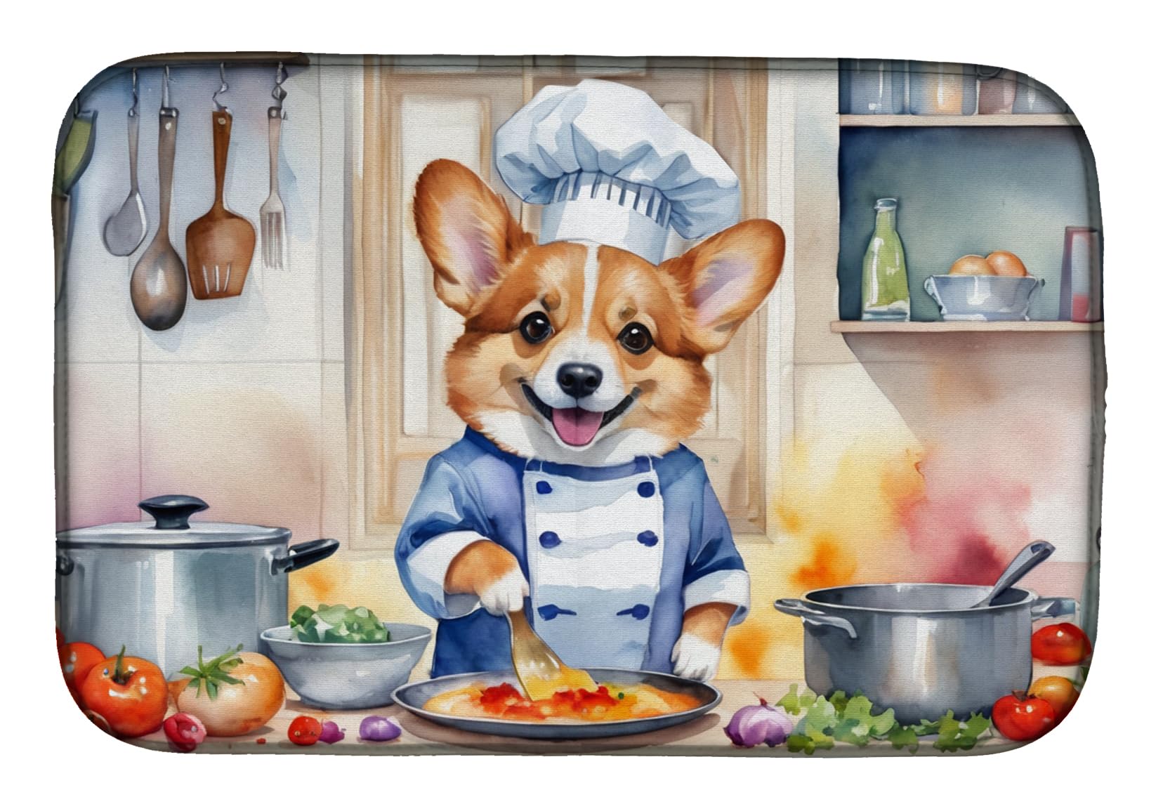 Caroline's Treasures DAC6235DDM Corgi The Chef Dish Drying Mat Absorbent Dish Drying Mat Pad for Kitchen Counter Dish Drainer Mat for Countertop, 14 x