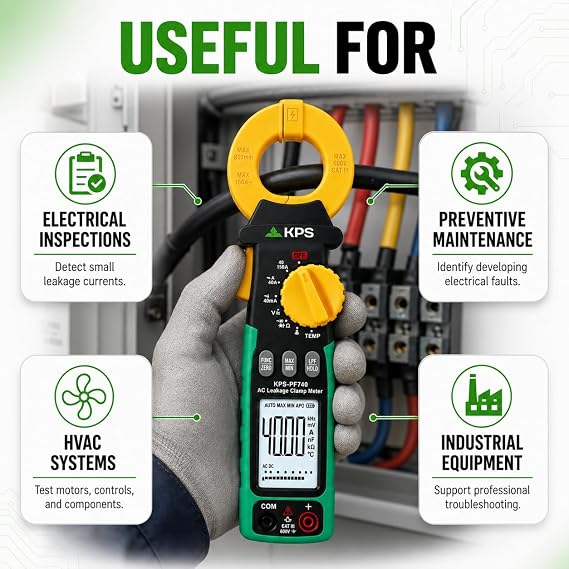 KPS PF740 True RMS Leakage Clamp Meter, 0.001mA Resolution, CAT III | Professional True RMS leakage clamp meter for accurate electrical diagnostics and fault detection.