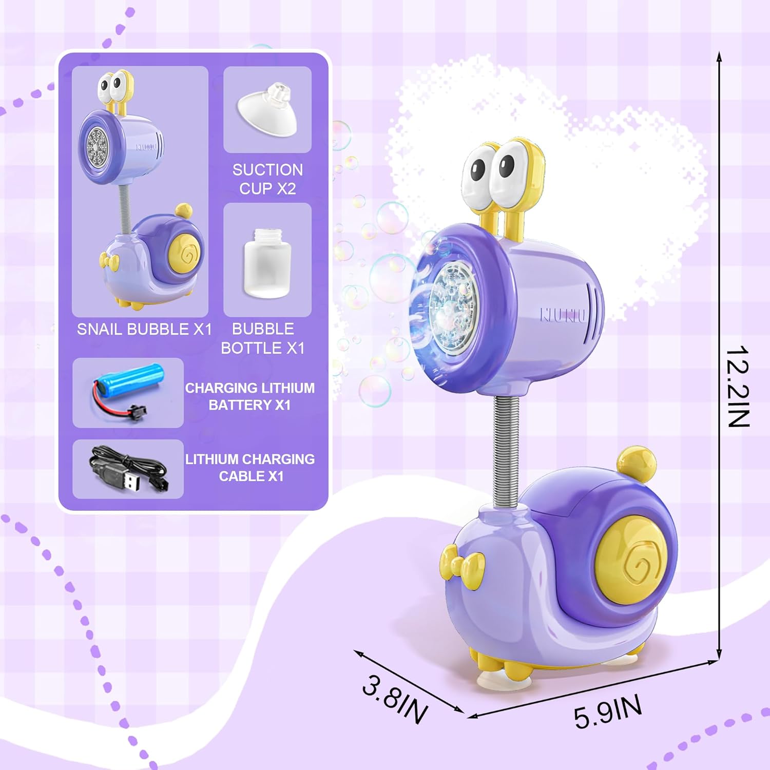 Snail Automatic Rechargeable Bubble Machine for Boys and Girls Gift Aged 3+, Bubble Maker Gun with Lighting, Bubble Wand with Bubble Refill Solution, Party Birthday Gift for Kids (Purple)