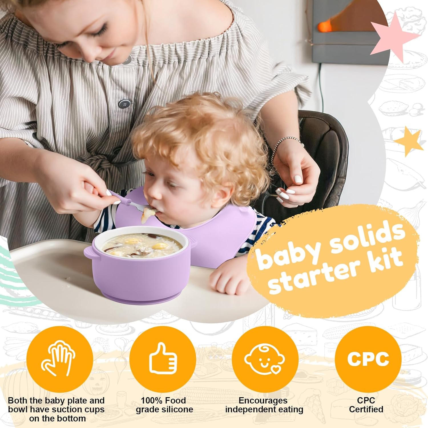 9 Pcs Porcelain Kids Plates and Bowls Feeding Set with Suction, Ceramic Baby Toddler Divided Plates Silicone Sleeve Bowls Forks Spoons Cup Bib Microwave Dishwasher Safe(Pastels)