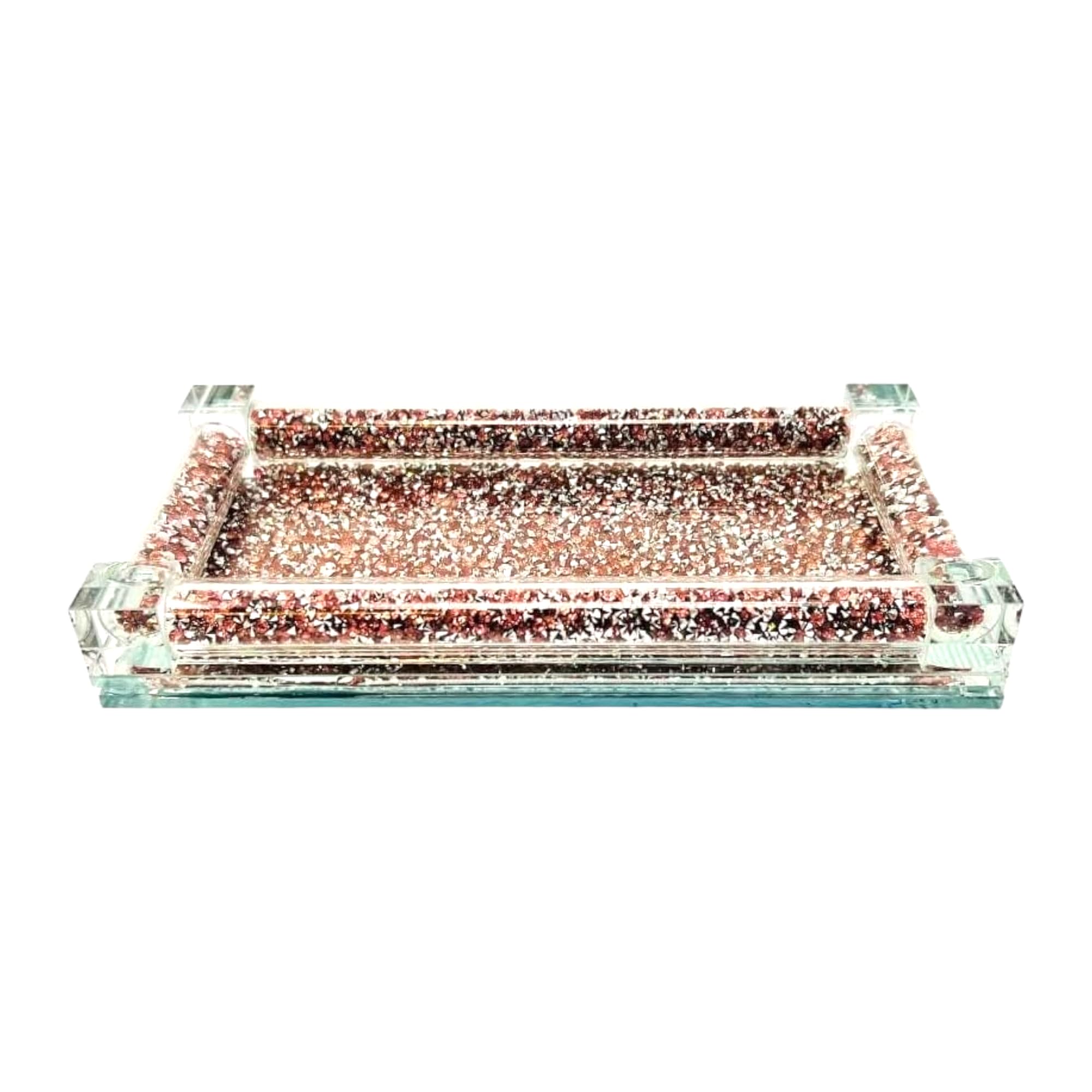 Pink Crushed Diamond Sparkle Serving Tray - Crystal Cosmetic Makeup Jewelry Trinket Organizer Vanity Tray - Mirrored Decorative Salt Pepper Tray - Crystal Filled Diamante Ornament For Home Décor