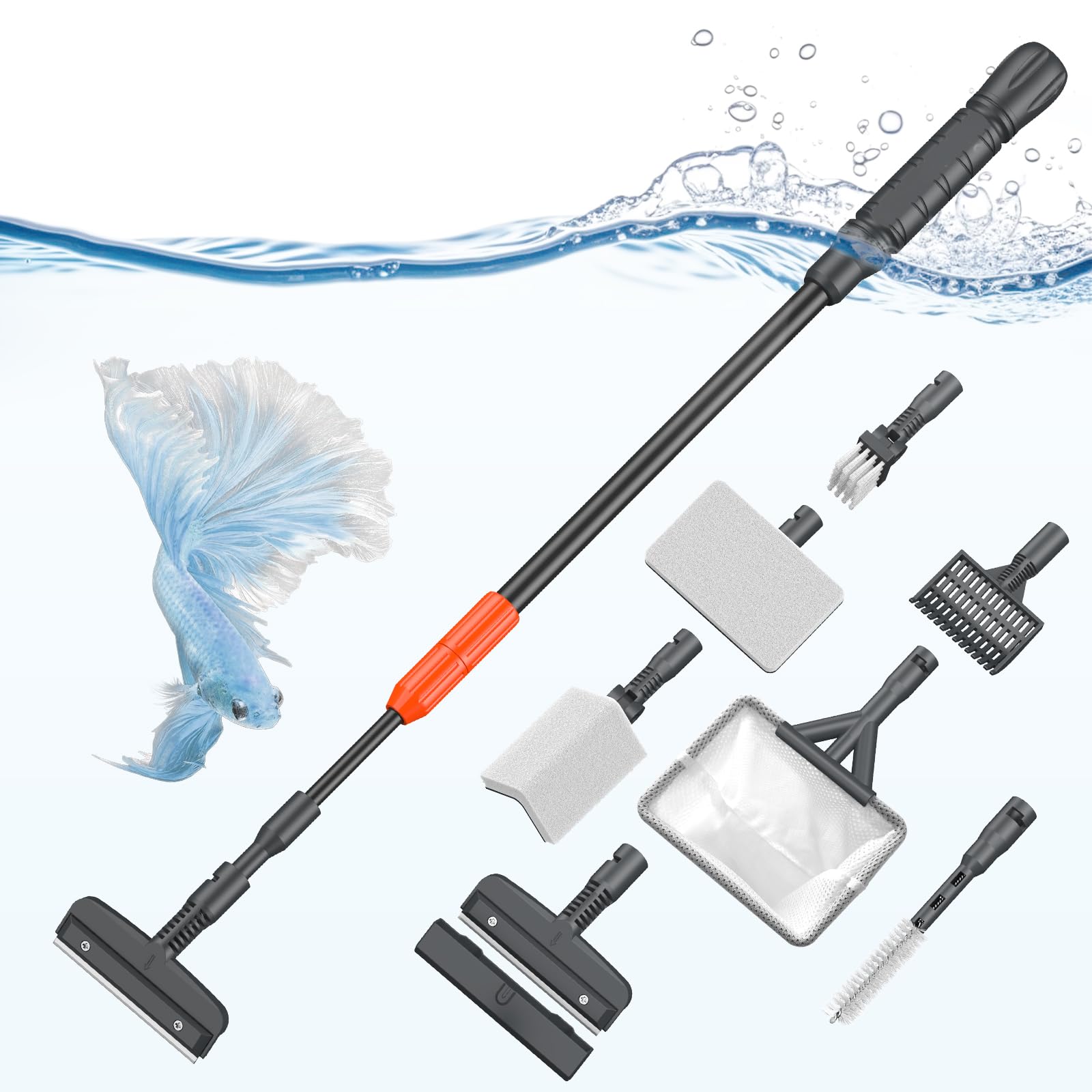 Pawfly Aquarium Cleaning Tools, 7 in 1 Fish Tank Cleaning Kit, Algae Scraper, Sponge Scrubber Pad, Brush, Gravel Rake & Fish Net with Adjustable Long Handle,Tank Cleaner Set