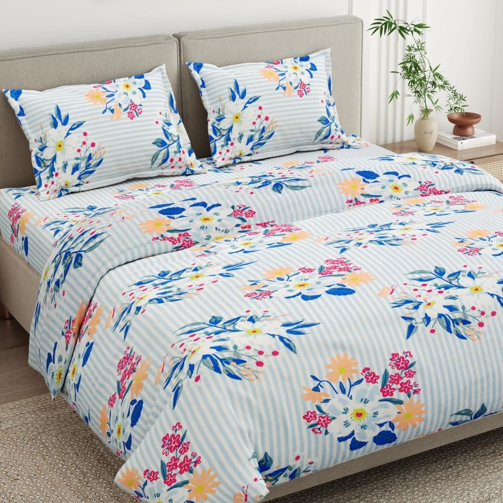 Haus & Kinder 100% Cotton King Bedsheet with 2 Pillow Covers | 186 TC Combed Cotton Twill Weave | Blue Floral Tapestry Design | 274 x 274 cm King Size Bed Sheet Set-picture-14