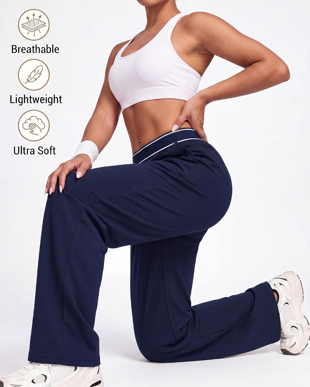 Coume 3 Pack Women Lightweight Straight Leg Pants Quick Dry Baggy Track Pants Elastic Waist Yoga Workout Trousers with Pocket