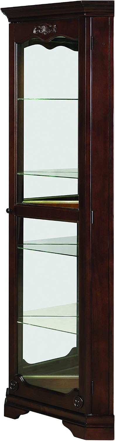 Coaster Home Furnishings 5-Shelf Corner Curio Cabinet with Acanthus Leaf Top Golden Brown and Clear,16" D x 28" W x 72" H, 950195