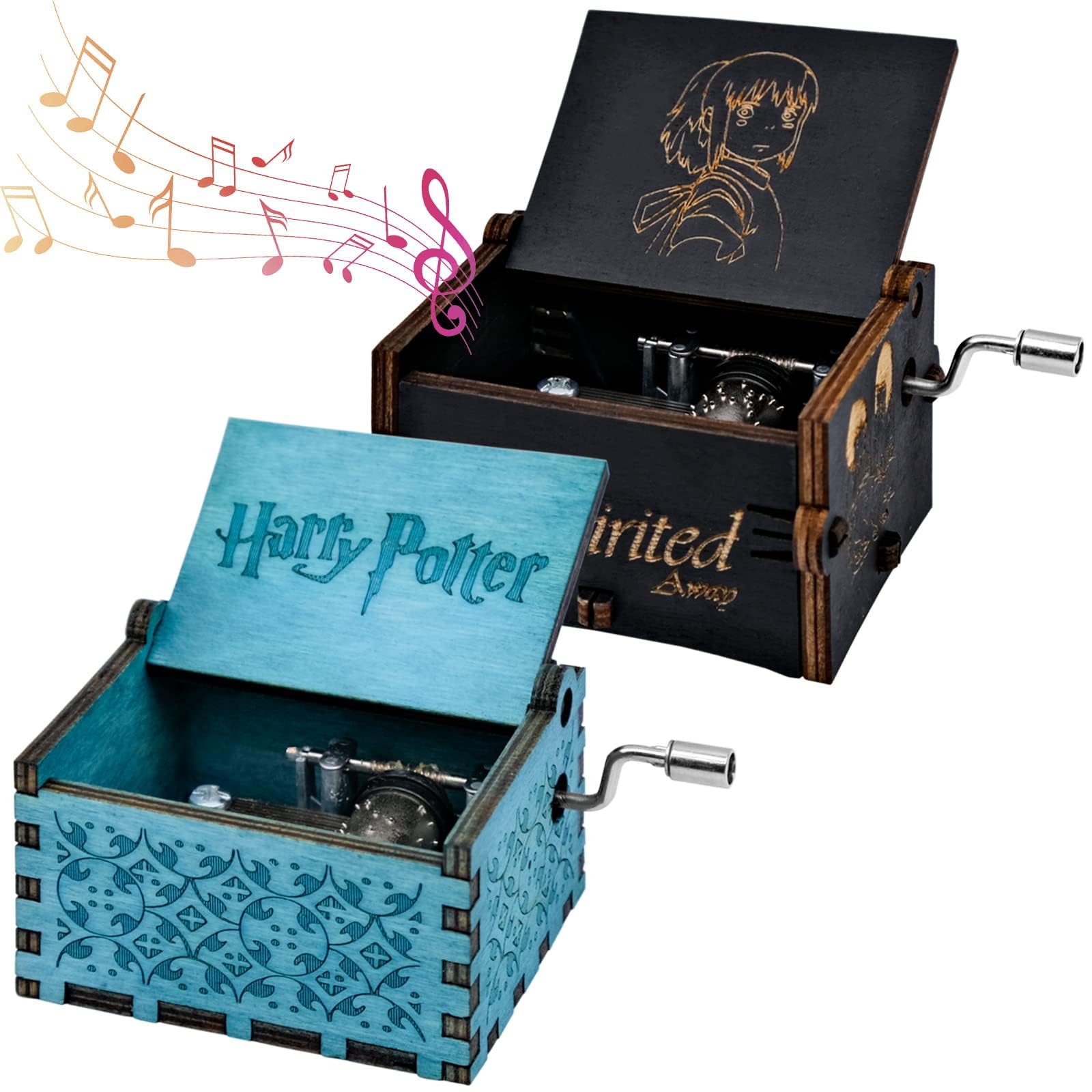 2 pcs Carved Handmade Musical Box, Spirited Away Music Boxes,Vintage Wooden Hand Crank Music Box for Children,Wife,Husband,Friend