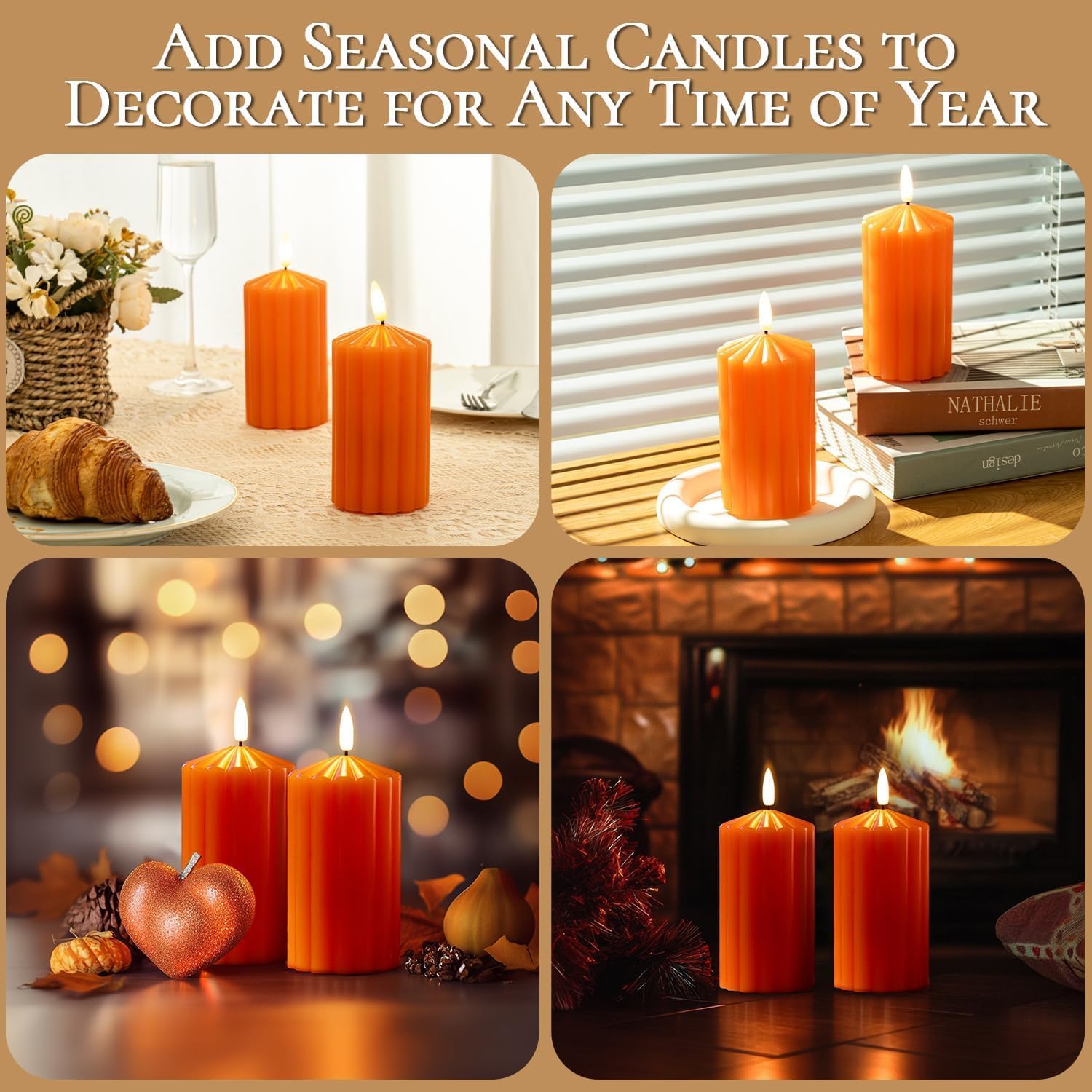 Ribbed Pillar Flameless Candles(2.6x6) - Pumpkin Color Battery Candles with Remote, Real Wax LED Candle with Timer, Dimmable, 3D Wick, Warm Lighting for Halloween Decor, Orange Candle, 2 Pack