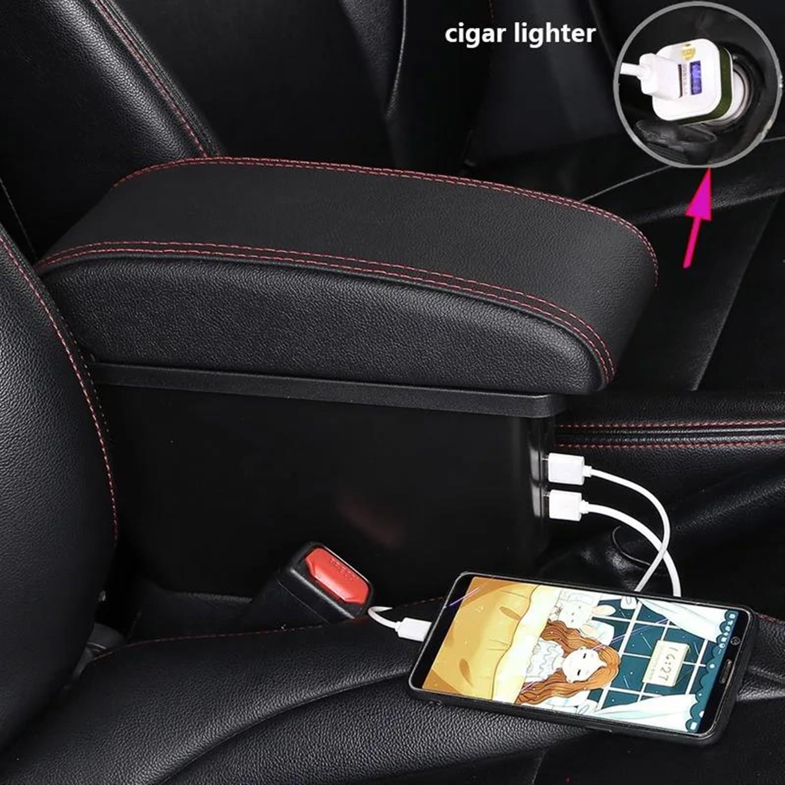 Box Bracciolo Con Supporto Multifunzionale Accessori Per La Modifica Degli Interni Dell'auto Imbottiti In PU Per Rio III 2011-2016 Consolle centrale(A1 Black red leather)