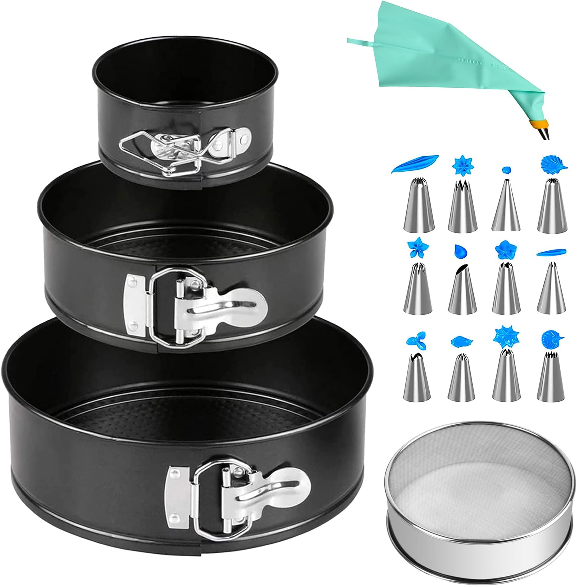 Cake Tin Set 3Pcs with 1*Flour Sieve 1*Decorating Tool,Nonstick Bakeware Set Leakproof Springform Cake Tin Carbon Steel Baking Tray Set Cheesecake Tin Chiffon Cake Pan with Removable Bottom(4"/7"/9")