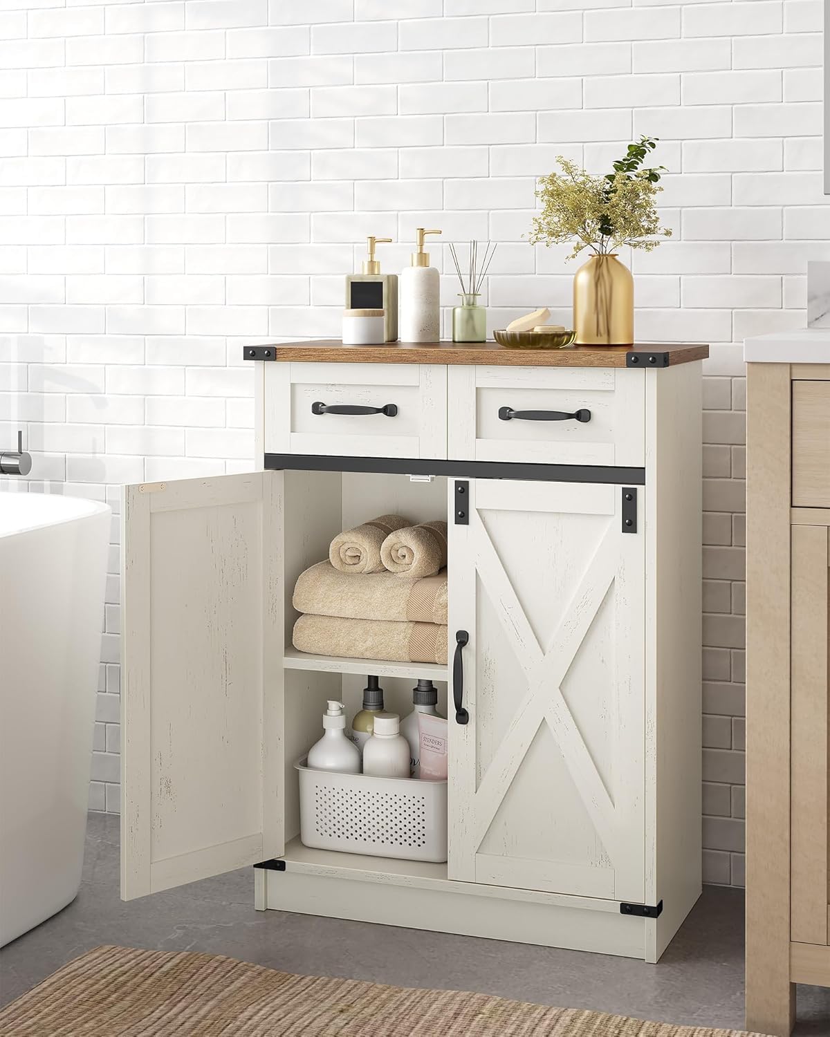 Hzuaneri Mobile da Bagno, Mobiletto da Bagno con 2 Cassetti e 2 Ante, Mobiletto da Cucina, Ripiano Regolabile, 30 x 60 x 80 cm, Bianco Rustico e Noce Medio SC62414X