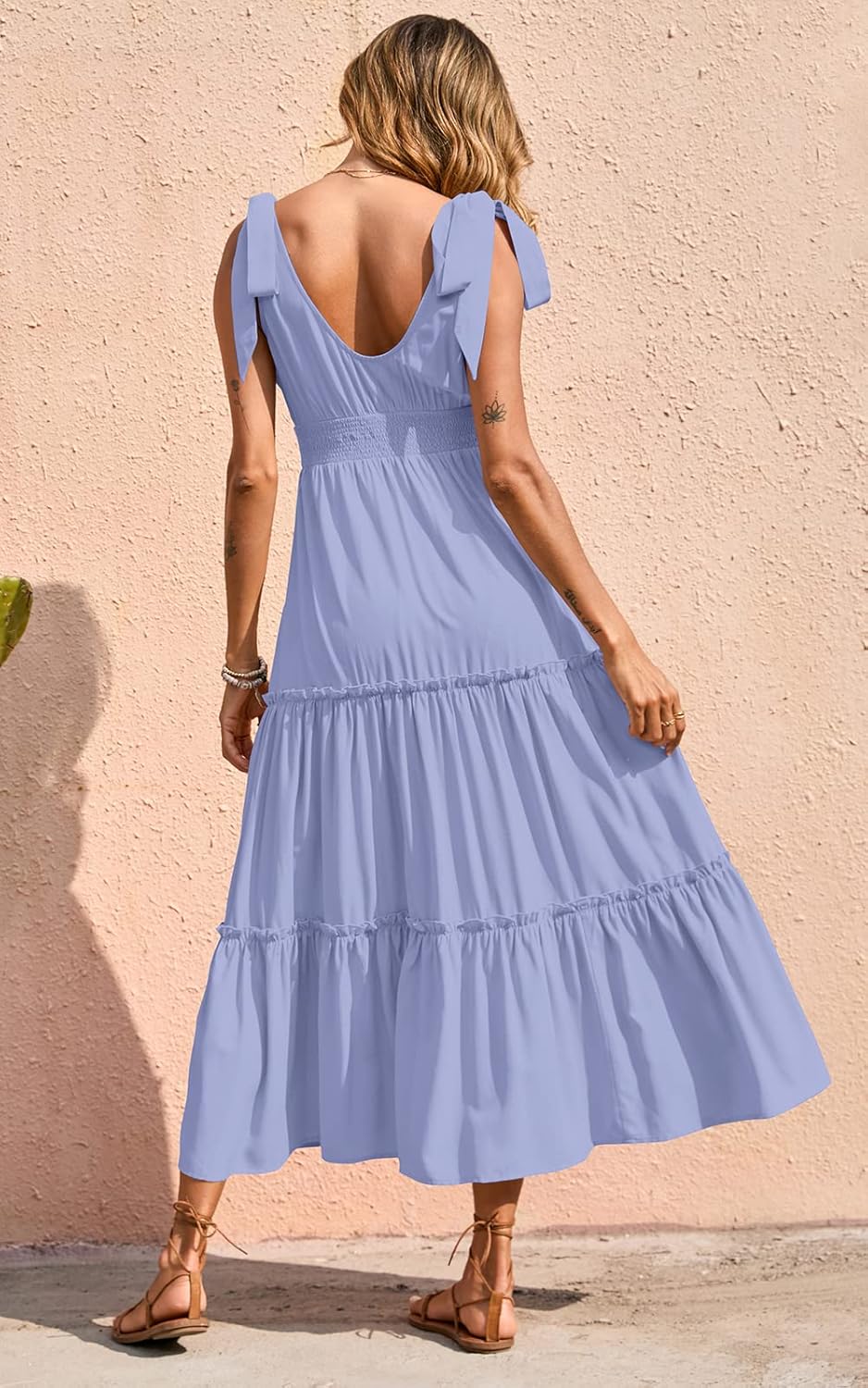 PRETTYGARDEN Women's Cross Neck Spring Sleeveless Tiered Maxi Dress Beach Tie Strap Smocked Long Dresses Pleated Sundress - Image 4