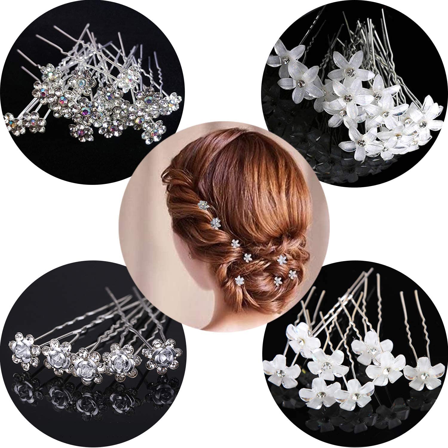 Minta 80 PCS White Diamond Rose U Shaped Hairpin, Bridal Hair Pins, U Shaped Diamond Hair Pins Crystal Flower Shaped Hairpin, Hair Pin Delicate and Elegant, for Bridal Wedding Hair Jewelry Accessories