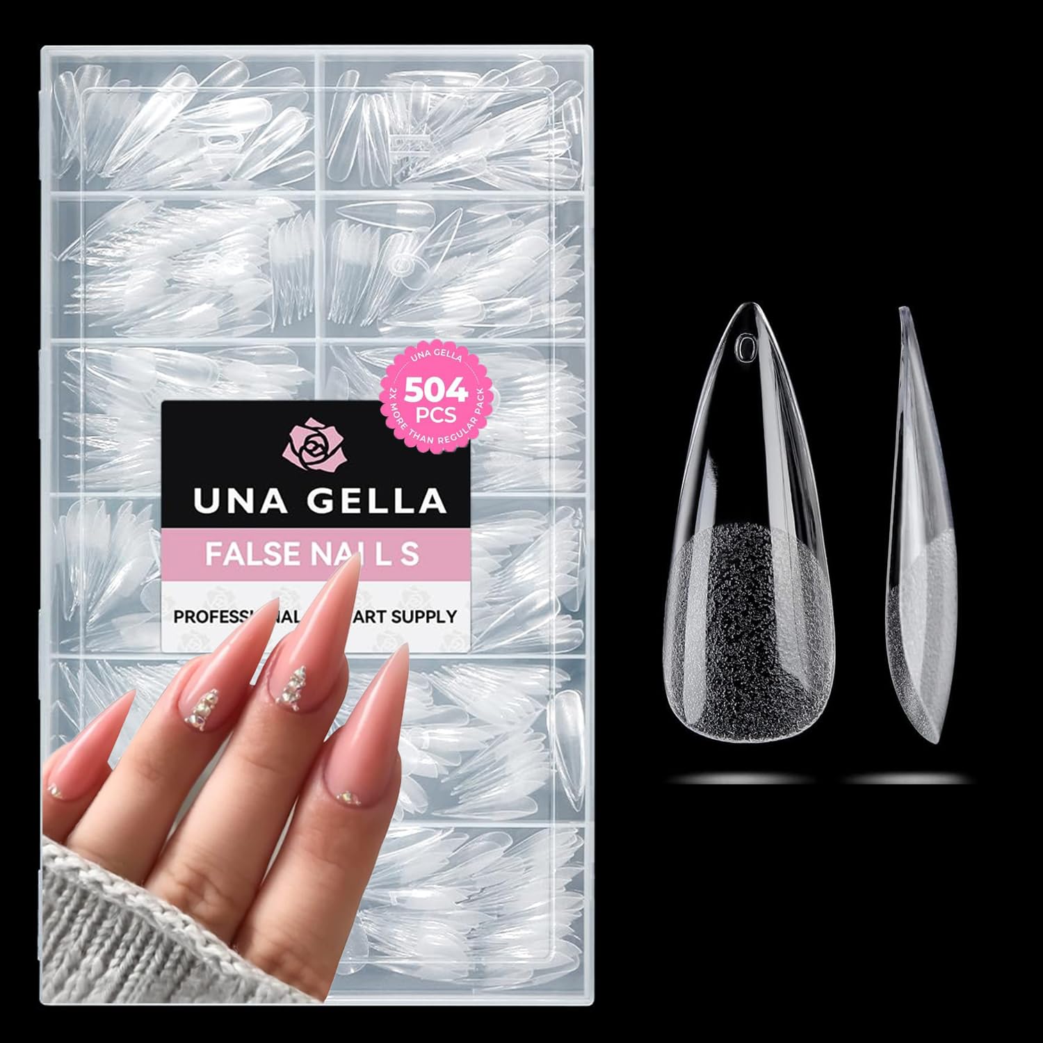 UNA GELLA Long Stiletto Nail Tips 504PCS, Full Cover Pre-Etched Long Stiletto Clear Fake Nails Tips, Sturdy Acrylic Press on Nails, No C Curve Soft Gel Tip for Nail Extension DIY Nail kit 12 Sizes