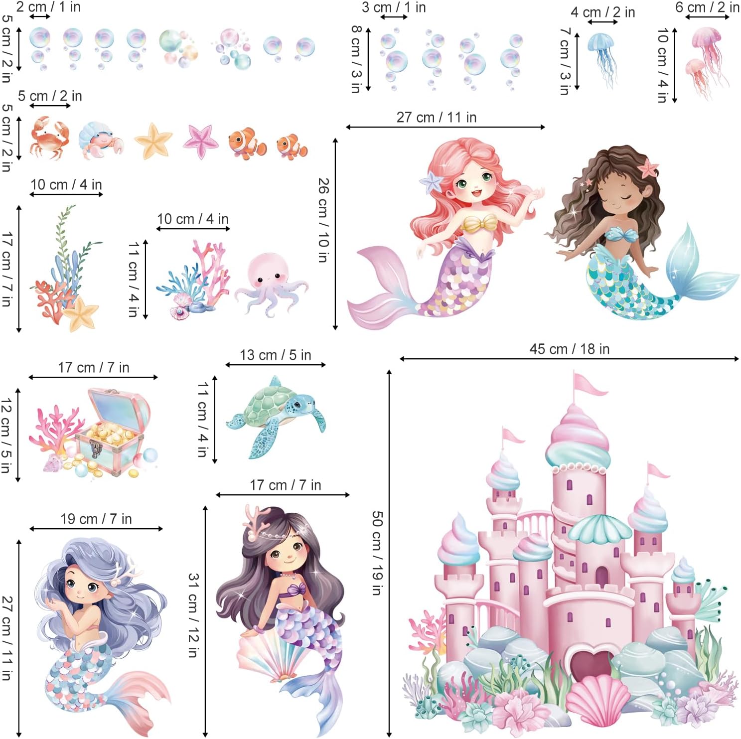wondever Under The Sea Mermaid Castle Wall Stickers Ocean Creature Seaweed Bubble Peel and Stick Wall Art Decals for Girls Bedroom Baby Nursery Kids Bedroom