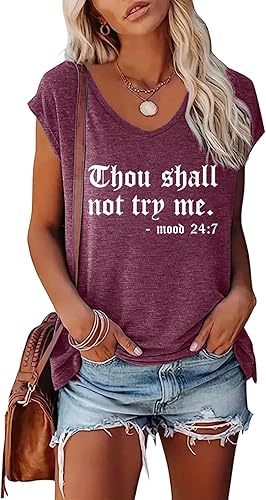 BLACKMYTH Women Funny Thou Shall Graphic V-Neck T-Shirts Wine Red Small