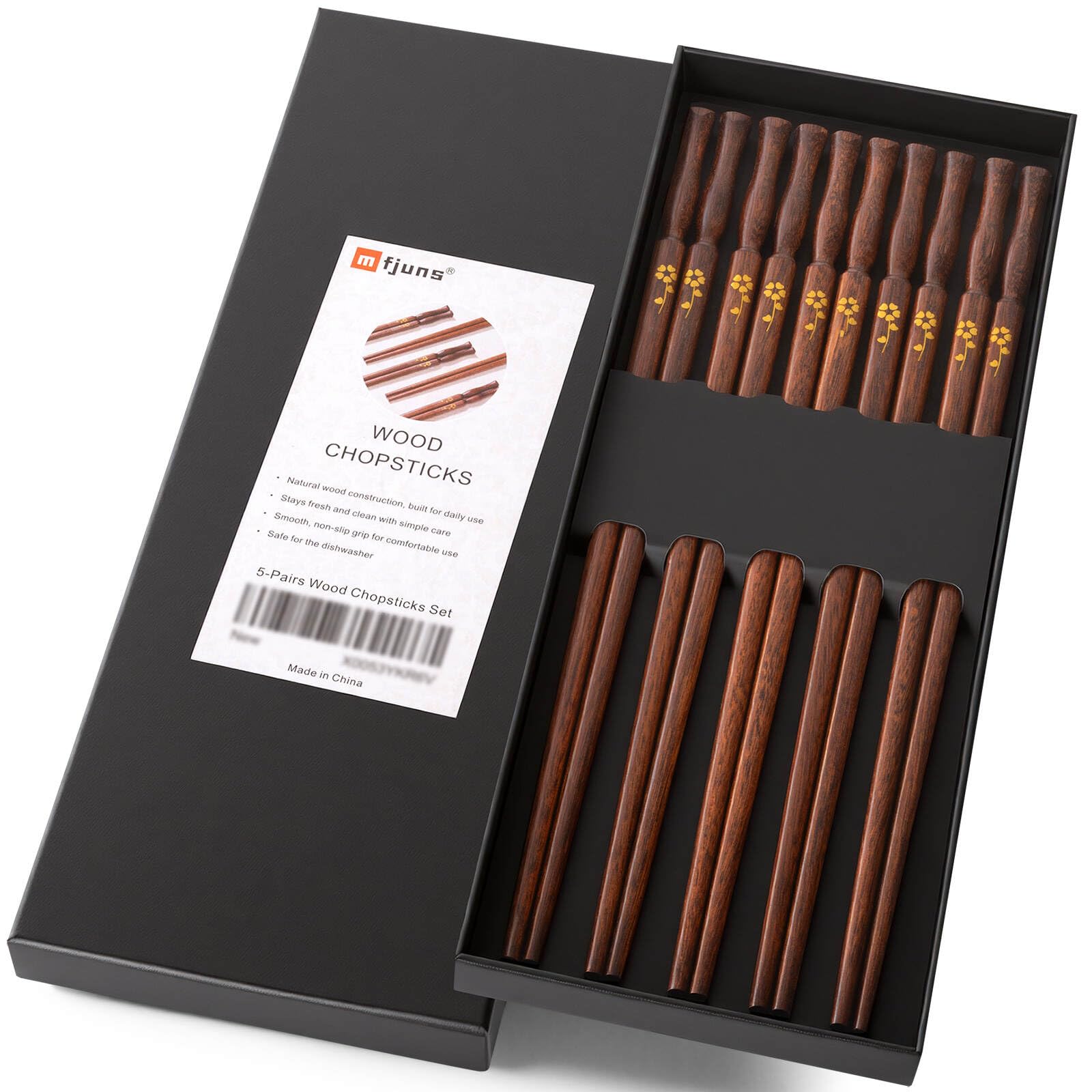MFJUNS 5 Pairs Chopsticks Set, Flower Print Solid Wood Reusable Chopsticks