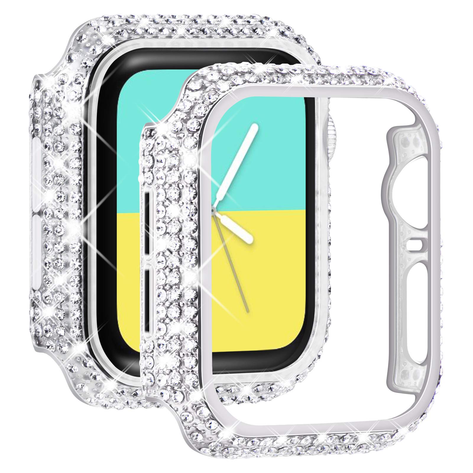 NewWays 2 Pack Compatible with Apple Watch Case 44mm Built-in Screen Protector,Women Diamond Bling Cases for iWatch Series SE(2025-2020) 6 5 4,Silver/Clear — view 18