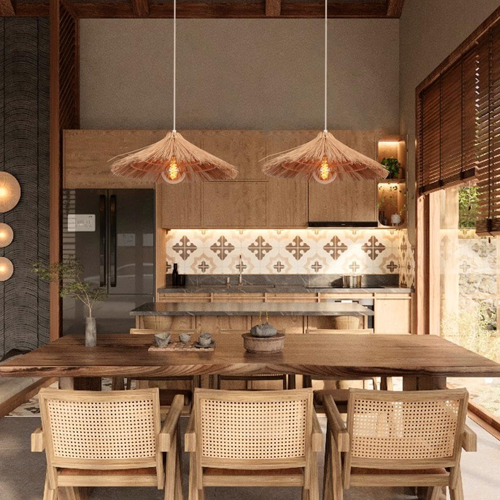 2 piezas Lámpara de Techo Colgante Bambú Natural Lámparas Colgantes Retro E27 Boho Plafón de Techo Creativa Paja Luz de Araña Decorativa para Comedor,Cocina,Salon,Cafetería,A